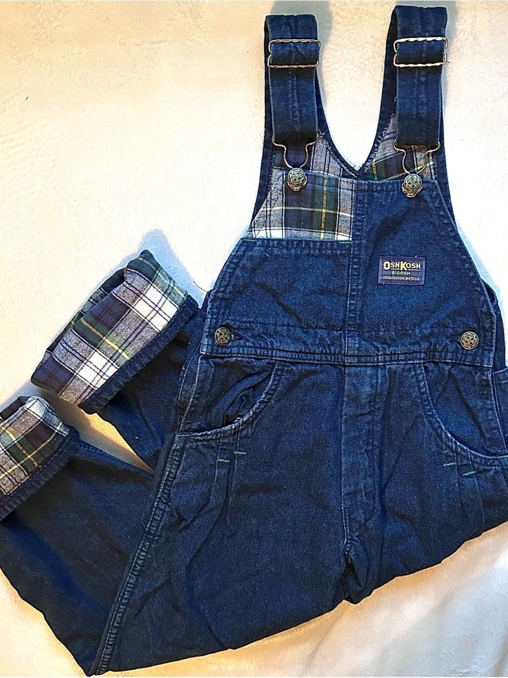 Vintage 90s OshKosh B'Gosh Denim & Plaid Bib Vestbak Overalls Kids 6 Jumper USA